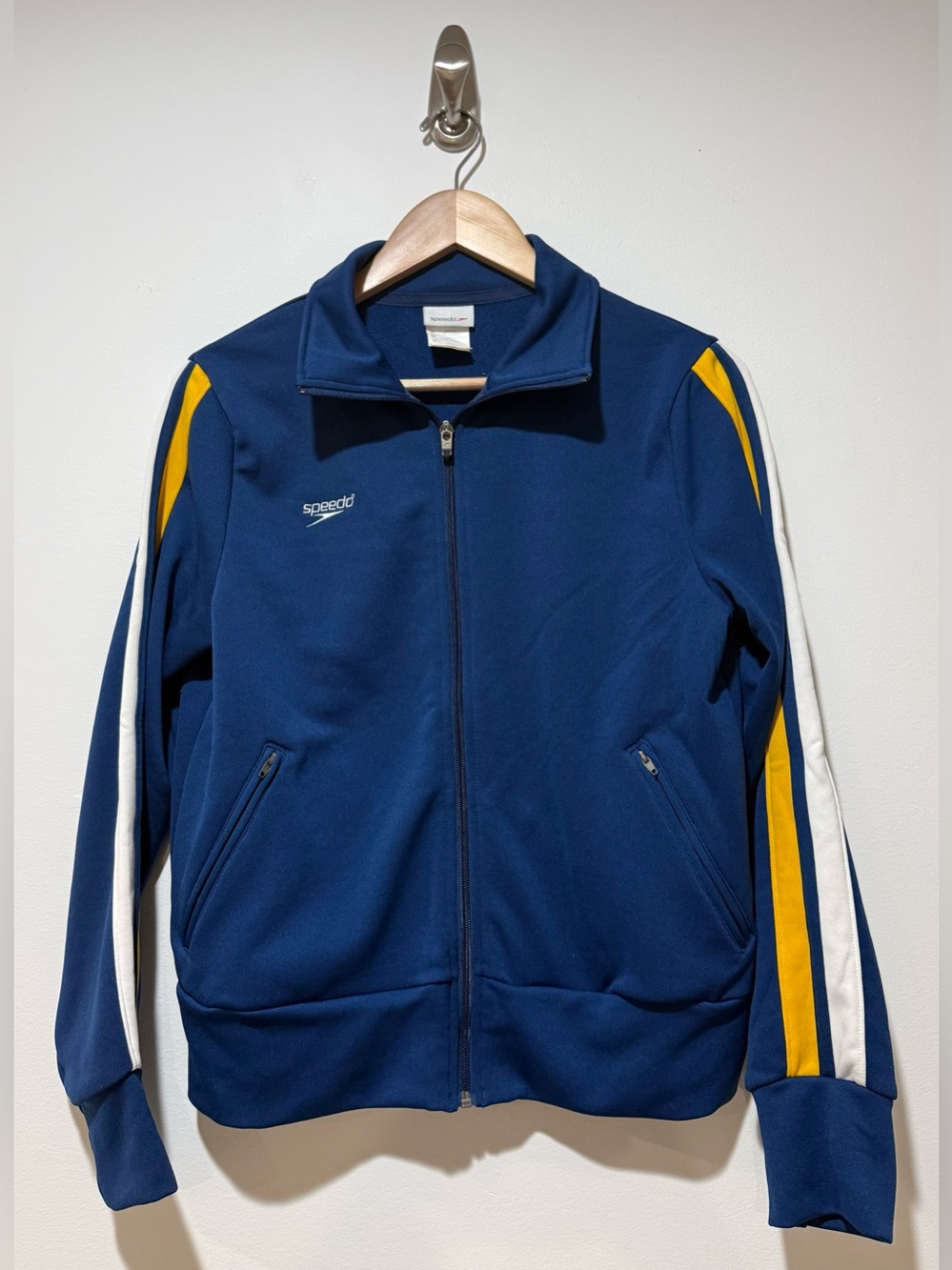 Vtg 90s Speedo Swim Team Full Zip Track Jacket Blue Yellow Striped Men Medium